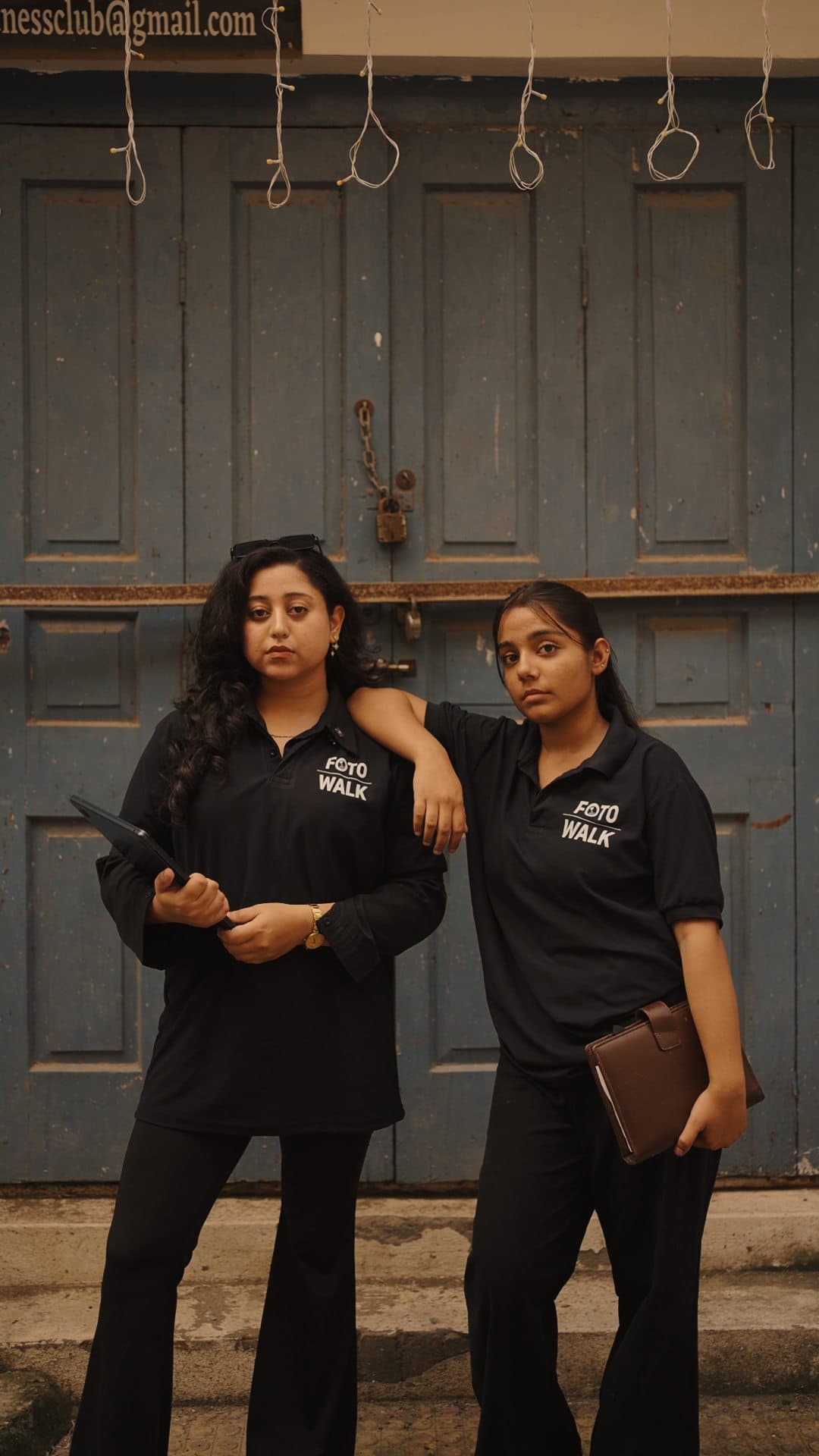Two crew members posing in front of a blue wooden door