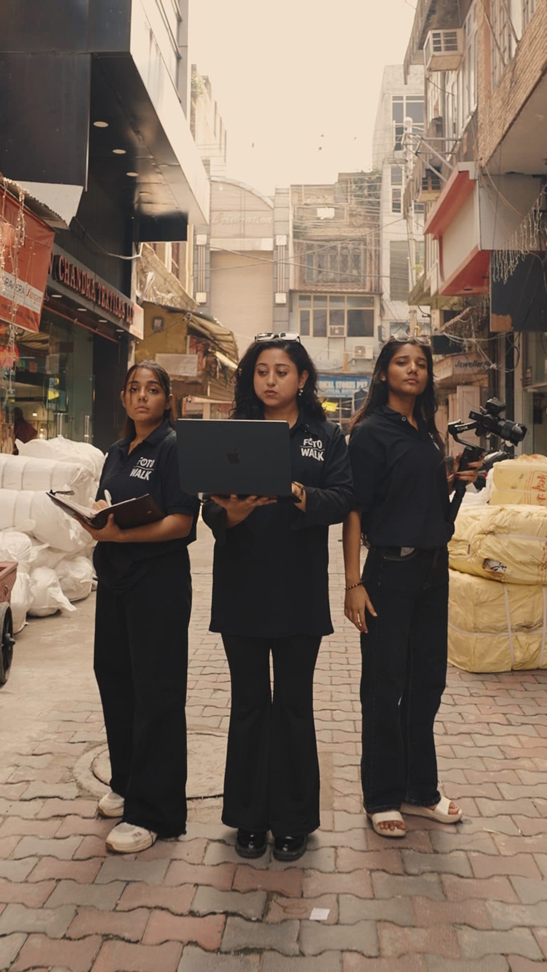 Three crew members gathered around a laptop in a market street